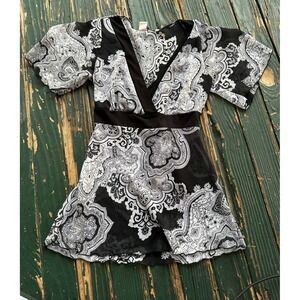 Agenda Womens Black White Paisley V-Neck Empire Waist Tie Back Blouse Size M